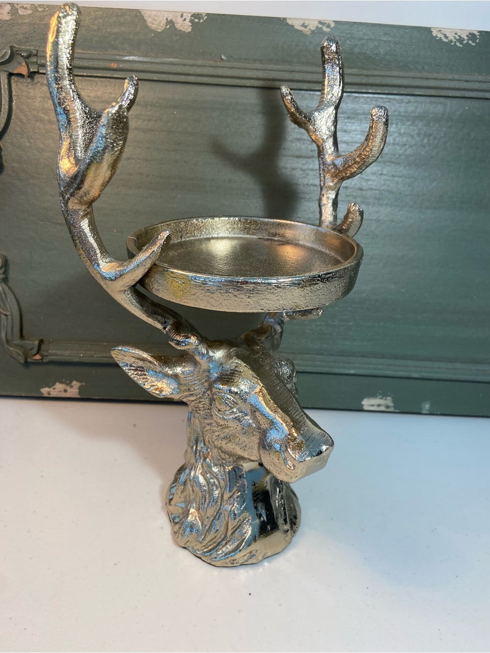 Silver Deer Stag Head Antler Candle Holder Trinket Dish Men’s